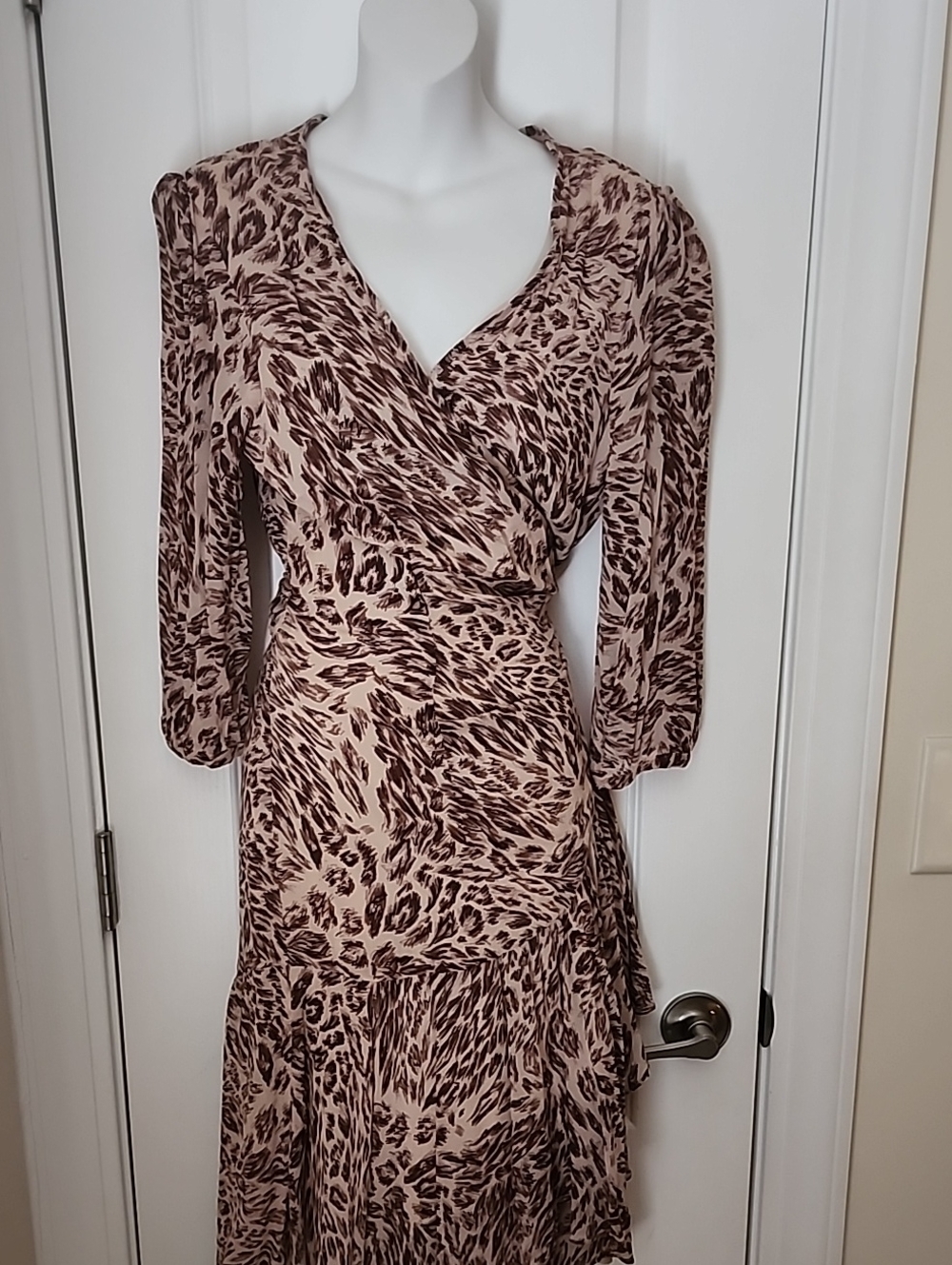 Women's Beige and Brown Printed Wrap Dress
